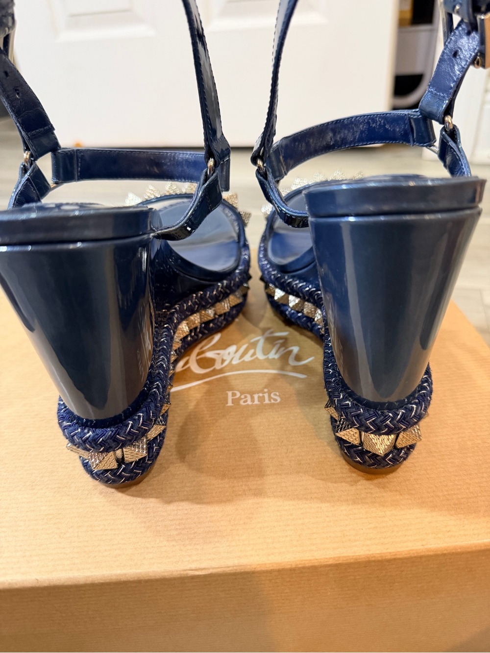 Christian Louboutin Blue Metallic Studded Wedge Sandals with Ankle Strap US 8 - Picture 7 of 10